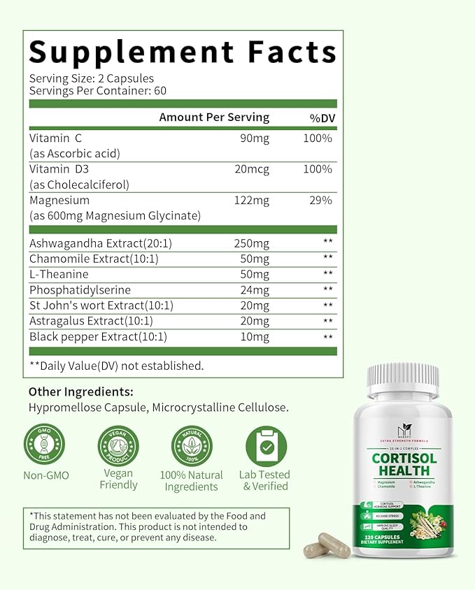 Cortisol Supplements for Women - 10 in 1 Cortisol Manager with Magnesium, Ashwagandha, L-Theanine, Cortisol Balance for Stress, Mood, Sleep, Cortisol Detox for Women - 120 Vegan Capsules