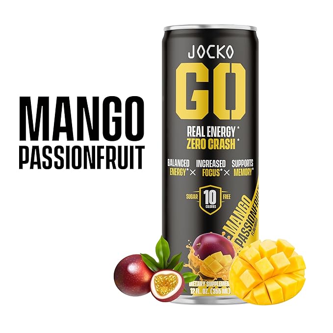 Jocko GO Energy Drink - KETO, Vitamin B12, Vitamin B6, Electrolytes, L Theanine, Magnesium- Energy Boost, Sugar Free Nootropic Monk Fruit Blend - 12 Pack (Mango Passionfruit)