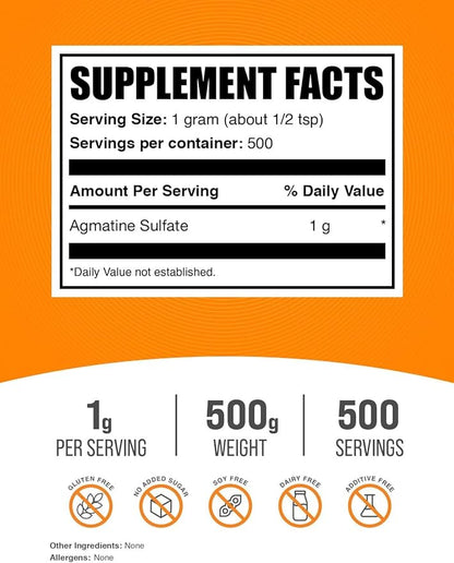 BulkSupplements.com Agmatine Sulfate Powder - Nitric Oxide Supplement - Unflavored & Gluten Free, 1g per Serving, 500g (1.1 lbs) (Pack of 1)