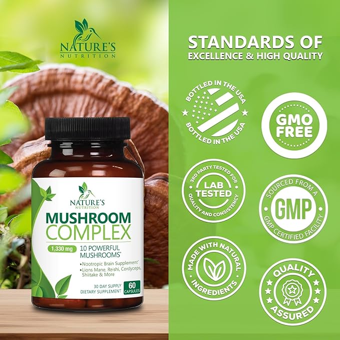Mushroom Supplement 10 in 1 High Strength Lions Mane Mushroom - Turkey Tail, Reishi, Cordyceps, Chaga & Mushrooms Nootropic Brain Supplements for Memory & Focus Support, Mushroom Complex, 60 Capsules