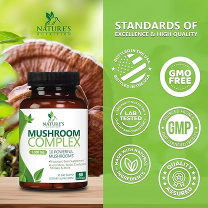 Mushroom Supplement 10 in 1 High Strength Lions Mane Mushroom - Turkey Tail, Reishi, Cordyceps, Chaga & Mushrooms Nootropic Brain Supplements for Memory & Focus Support, Mushroom Complex, 60 Capsules