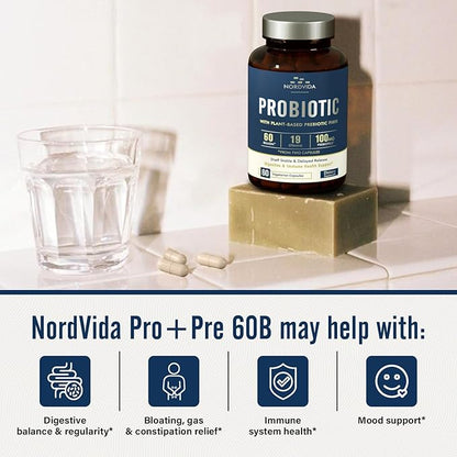 Probiotic 60 Billion 19 Strains with Organic Prebiotic for Men & Women, Digestive & Immune Health, Shelf Stable Delayed Release, Non-GMO No Dairy, 60 Vegan Caps