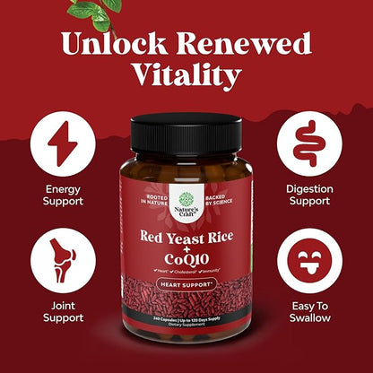 Red Yeast Rice with CoQ10 Supplement - Advanced Healthy Heart Formula for Men & Women - Extra Strength Capsule with 1200 mg per Serving - Vegan & Non-GMO - 240 Count