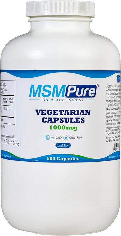 Kala Health MSMPure Vegetarian Capsules, 500 Count, Made with Organic Sulfur Crystals, 99.99% Pure Distilled MSM Supplement, 1,000 mg per Capsule, Made in USA