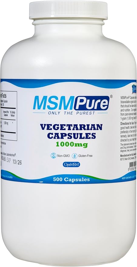 Kala Health MSMPure Vegetarian Capsules, 500 Count, Made with Organic Sulfur Crystals, 99.99% Pure Distilled MSM Supplement, 1,000 mg per Capsule, Made in USA