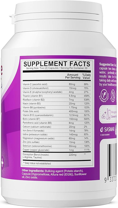 CONCEIVE PLUS Women's Fertility Support: Conception Prenatal Supplements for Her, Aids Hormonal Balance, & Regular Cycles - Folic Acid, B12, Zinc, Biotin, Non-GMO - 60 Vegetarian Soft Capsules