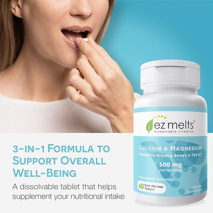 EZ Melts Dissolvable Calcium and Magnesium Supplement with Vitamin D3, Sugar-Free, 1-Month Supply