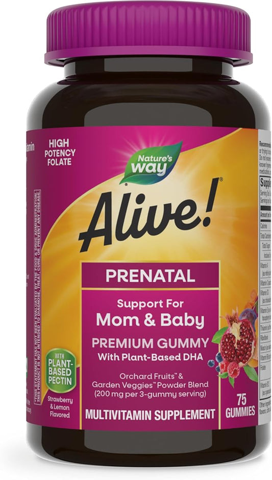 Nature’s Way Alive! Prenatal Premium Gummy Multivitamin, High Potency Folate, Plant-Based DHA, Vegetarian, Strawberry and Lemon Flavored, 75 Gummies