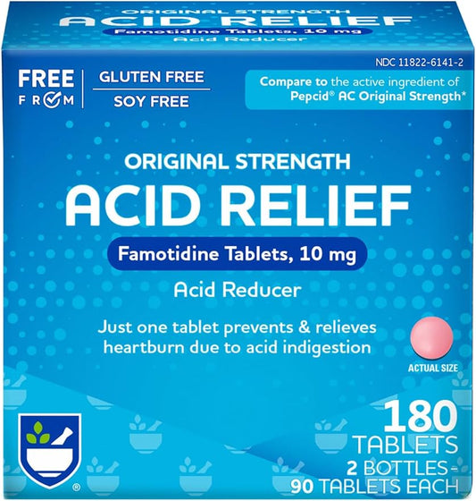 Rite Aid Acid Reducer, Original Strength Famotidine Tablets, 10 mg - 2 Bottles, 90 Count Each (180 Count Total) | Heartburn Relief | Acid Reflux | Heartburn Chews & Tablets