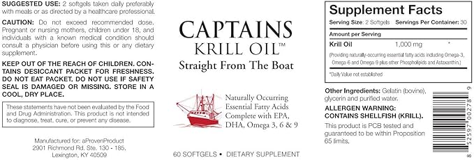 Captains Pure Antarctic Krill Oil Softgels | Omega 3 EPA, DHA with Astaxanthin & Phospholipids| No Additives or Chemicals | 1000mg per Serving, 60 Capsules, 2-Pack