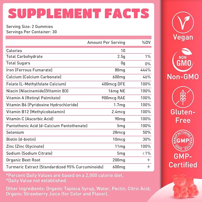 Iron Gummies for Men and Women, Energize, Combat Fatigue, Support Anemia Recovery. Packed with Iron, Folate, Vitamin C, in Vegan Strawberry Flavor, 60 Gummies