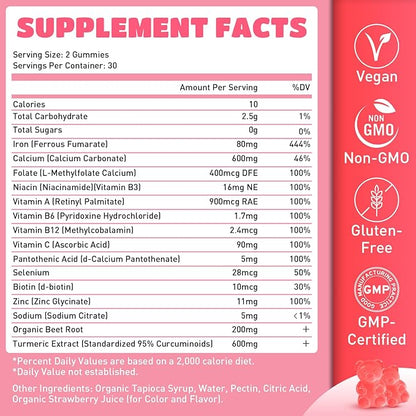 2 Pack Iron Gummies for Men and Women, Energize, Combat Fatigue, Support Anemia Recovery. Packed with Iron, Folate, Vitamin C, in Vegan Strawberry Flavor, 120 Gummies