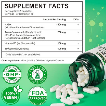 NAD Supplement 2000 Mg - 120 Capsules True NAD & Resveratrol, NMN Alternative Liposomal NAD+ for Women & Men, Support Cellular Health, Stamina & Healthy Aging - Ultra Strength Capsules