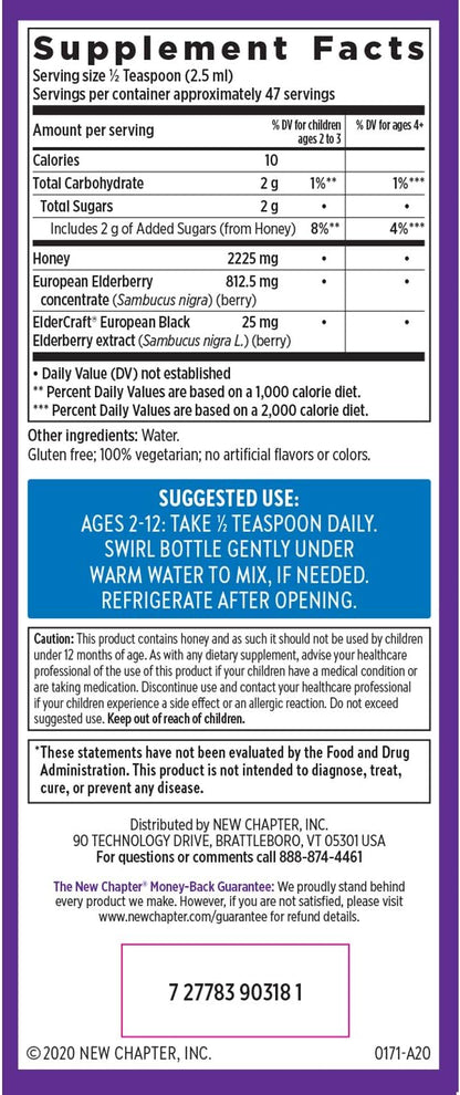 New Chapter Elderberry Kids Syrup, Advanced Immune Defense for Ages 2+, 64x Concentrated Elderberry, Sweetened with Throat-Soothing Grade A Honey, Non-GMO Project Verified, 4 Fl Ounce