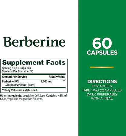 Nature's Bounty Berberine Supplements,1000mg, Berberine Capsules for Blood Sugar Support, Cholesterol & Heart Health, 60 Count