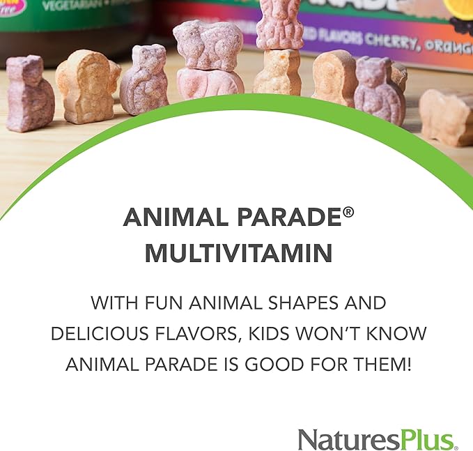 Natures Plus Animal Parade Children's Chewable Multivitamin - 180 Animal-Shaped Tablets - Natural Assorted Flavors - Vegetarian, Gluten Free - 90 Servings