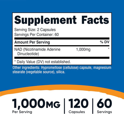 Nutricost NAD+ Supplement 1,000mg per Serving,120 Capsules (Nicotinamide Adenine Dinucleotide) - 60 Servings, Gluten-Free, Vegan