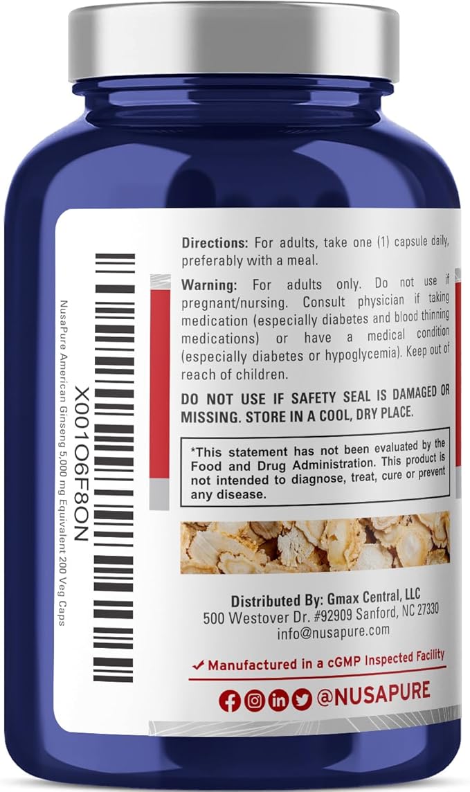 NusaPure American Ginseng 10:1 Extract, 500 mg Equivalent to 5000mg - 200 Veggie Capsules (Vegetarian, Non-GMO, Vegan)