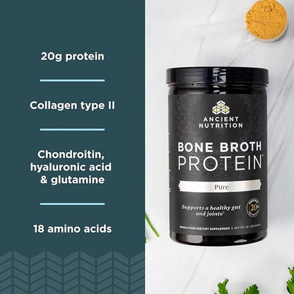 Ancient Nutrition Grass Fed, Cage Free, Bone Broth Protein Powder, 20g Protein, Hydrolyzed Collagen Peptides, Keto & Paleo Friendly, Supports Joint & Gut Health, Pure, 40 Servings