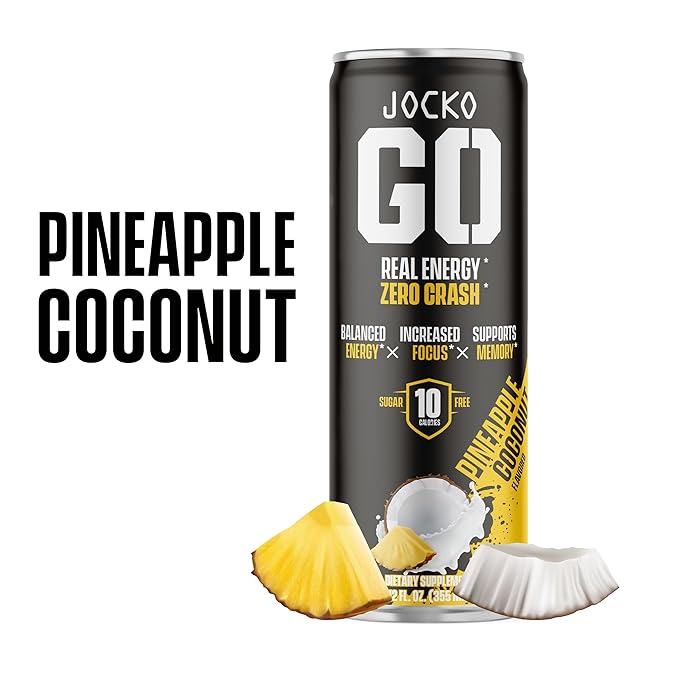Jocko GO Energy Drink - KETO, Vitamin B12, Vitamin B6, Electrolytes, L Theanine, Magnesium- Energy Boost, Sugar Free Nootropic Monk Fruit Blend - 12 Pack (Pineapple Coconut)