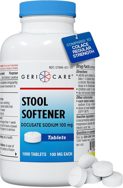GeriCare Docusate Sodium Stool Softeners, Best Stool Softener for Daily use for Women, Men, and Elderly - Ideal for Constipation Relief 100mg Crushable Tablets. (1000 Count) Made in The USA.