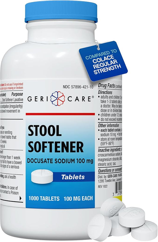 GeriCare Docusate Sodium Stool Softeners, Best Stool Softener for Daily use for Women, Men, and Elderly - Ideal for Constipation Relief 100mg Crushable Tablets. (1000 Count) Made in The USA.
