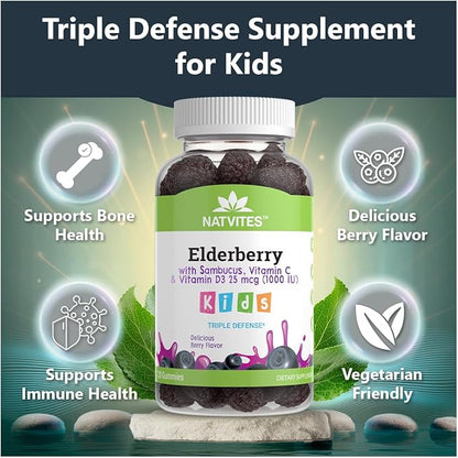 Black Sambucus Elderberry Gummies for Kids – Immune Support Supplement with Vitamin C and Vitamin D3 for Immunity Boost – Vegetarian, Non-GMO, Gluten Free, Nut and Dairy Free – 120 Gummies (Pack of 1)