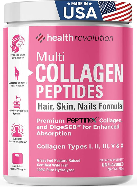 Multi Collagen Protein Powder, Type I, II, III, V, X - 5 Hydrolyzed Collagen Peptides, Skin, Hair, Nails & Joints, Triple Refined for Easy Mixing, 99% Absorption Rate, Non-GMO, Gluten-Free, Unflavored
