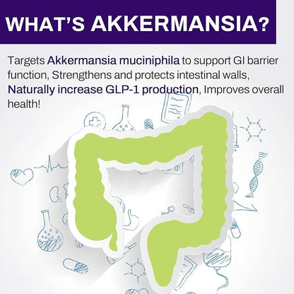 GLP-1 Supplement - 300 Billion AFU Akkermansia Probiotic for Women & Men, Akkermansia Muciniphila for GLP-1 Production, Digestive, Gut, Immune Health, Enhances Gut Digestive Lining function, 60 Count