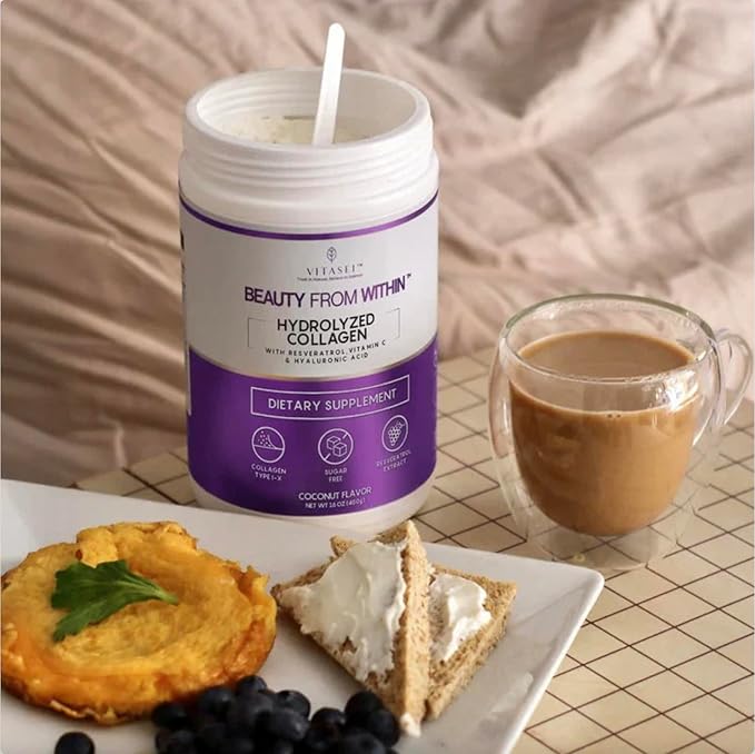 Hydrolyzed Collagen Peptides Powder with Vitamin C & Resveratrol - Hair, Skin and Nails Vitamins for Women & Men - Bone and Joint Supplement - Coconut Flavored - 16 oz