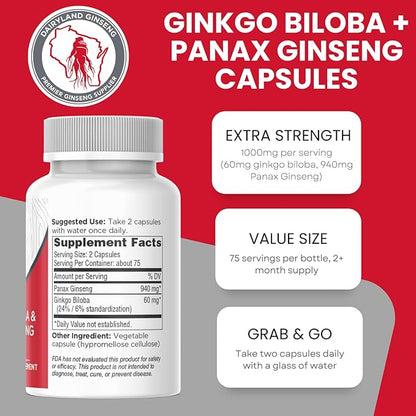 Dairyland Management Panax Ginseng + Gingko Biloba Capsules 150ct 1000 mg of Panax Ginseng, 60 mg of Gingko Biloba per Serving