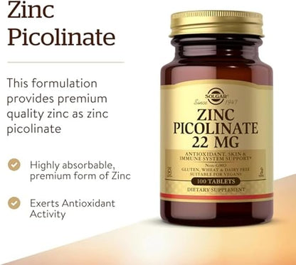 Solgar Zinc Picolinate 22 mg, 100 Tablets - Promotes Healthy Skin - Supports Immune System, Normal Taste & Vision - Antioxidant - Non GMO, Vegan, Gluten Free, Dairy Free, Kosher - 100 Servings
