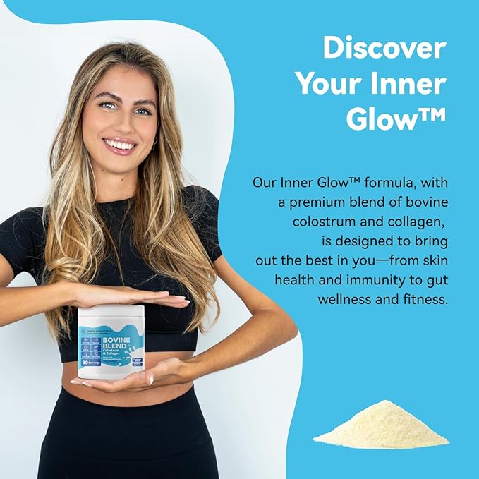Bovine Colostrum & Collagen Powder for Gut Health, Immune Support, Hair Growth & Beauty Supplement, Sugar Free – IgG, Probiotics, Vitamin B12, C, D3 – Unflavored, 30 Servings