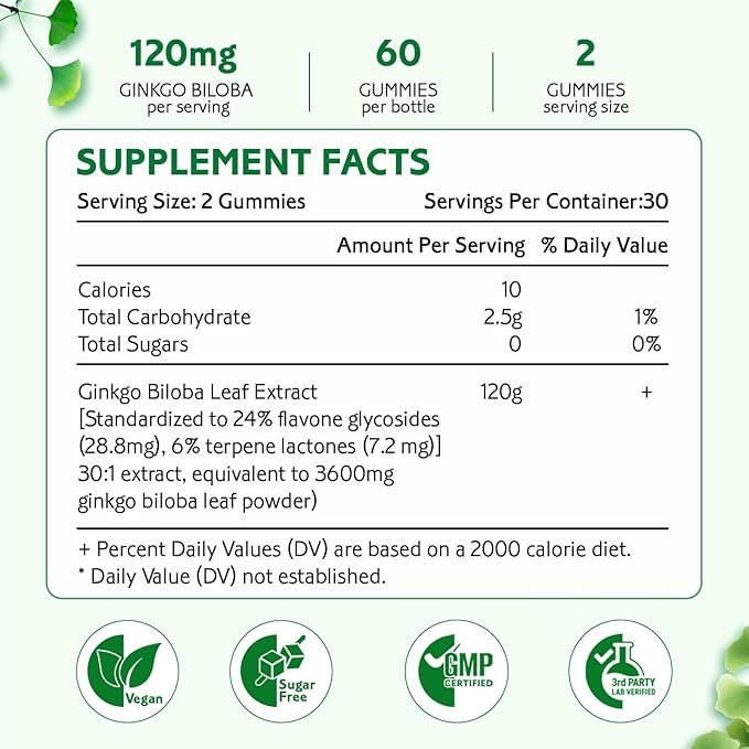 2 Pack Ginkgo Biloba Gummies for Women and Men, Brain Supplement Improve Better Mood and Focus, Vegan Mixed Berry Flavor 120 Count