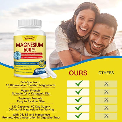 10-in-1 Magnesium Complex Supplement, Magnesium Glycinate 500mg with Citrate & Malate, Chelated High Absorption Plus Vitamin D3 & Zinc - for Nerve, Muscle & Bone Support - 120 Capsules