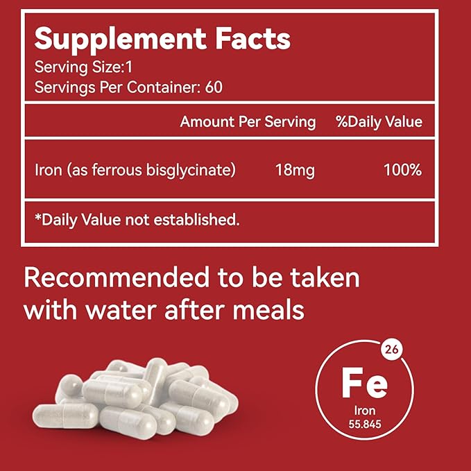 Iron Supplement, High Potency Iron 18 mg, as Ferrous Bisglycinate, for Women & Men, Easily Absorbed, Non-Gluten, GMOs-Free, 60 Count Veg Capsules