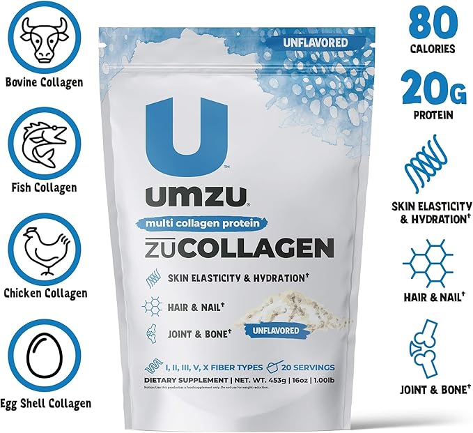 UMZU ZuCollagen Hydrolyzed Protein Powder | 5 Collagen Peptide Types for Healthy Hair, Skin, Nails, Joints & Gut | Low Calorie, High Protein (20g Protein per Serving | Unflavored)