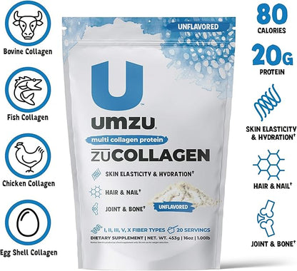 UMZU ZuCollagen Hydrolyzed Protein Powder | 5 Collagen Peptide Types for Healthy Hair, Skin, Nails, Joints & Gut | Low Calorie, High Protein (20g Protein per Serving | Unflavored)
