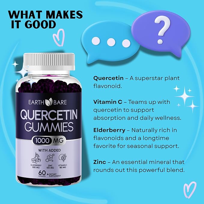 Quercetin Gummies with Elderberry, Vitamin C & Zinc – Vegan, Non-GMO, 60 Gummies