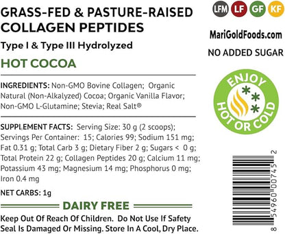 MariGold Grass-fed Collagen Peptides Powder Hot Cocoa 1LB - 100% Pure, Type I & III Bovine Hydrolyzed Collagen, Non-GMO, Hormone Free, Soy Free, Gluten Free, Dairy Free, Keto-Friendly