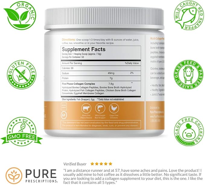 Pure Hydrolyzed Multi Collagen Peptides Protein Powder Supplement - Types I, II, III, V, X - 5 Types of Grass Fed, Wild Caught Food Sourced Collagen - 16 oz Pouch - Flavorless