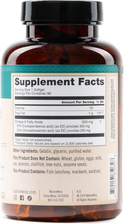 NatureWise Omega 3 Fish Oil - 500 mg per Pill - EPA & DHA - Immune Support, Brain Health & Optimal Wellness - Gluten and Soy Free, Non-GMO - 90 Softgels[3-Month Supply]