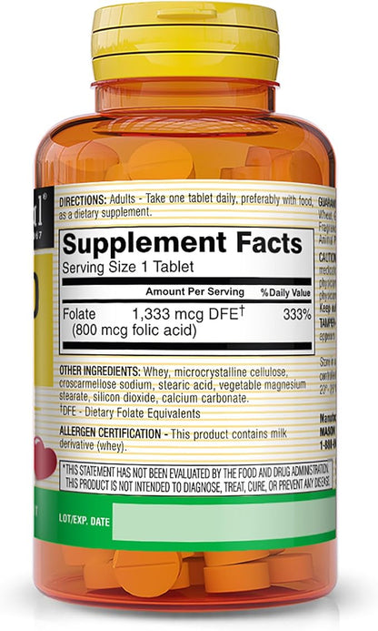 MASON NATURAL Folic Acid 800 mcg - Helps Nervous System Function, Daily Supplement for Health, Mood and Prenatal Care, for Women of Childbearing Age, 100 Tablets (Pack of 3)
