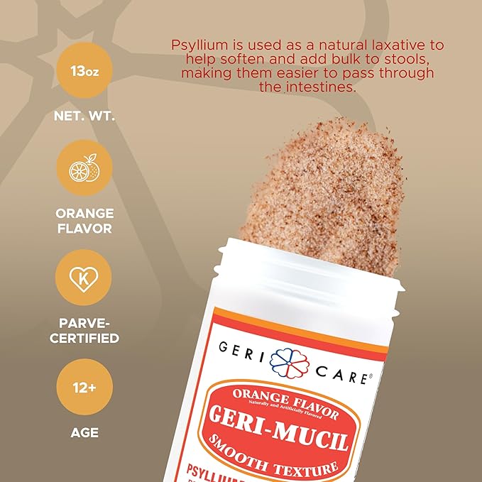 Geri-Mucil Psyllium Powder By GeriCare|4-In-1 Orange-Flavor Psyllium Husk Powder| Daily Fiber Supplement| Sweetened Gluten-Free Fiber Drink Mix| Water-Soluble Husk Fiber Powder For Bowel Movement|13oz