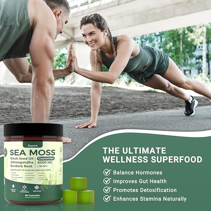 Sea Moss Gummies 16-1, Black Seed Oil Ashwagandha Turmeric Bladder Wrack Vitamin C Vitamin D3 Elderberry Manuka Dandelion Yellow Dock Apple Cider Vinegar for Men & Women