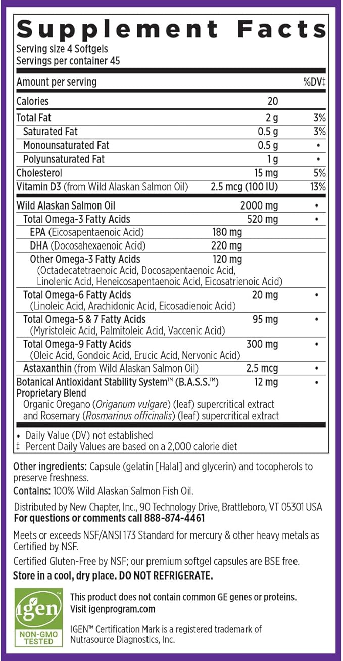 New Chapter Wholemega Fish Oil Supplement - Wild Alaskan Salmon Oil with Omega-3 + Vitamin D3 + Astaxanthin + Sustainably Caught - 180 ct Tiny Caps, 500mg Softgels