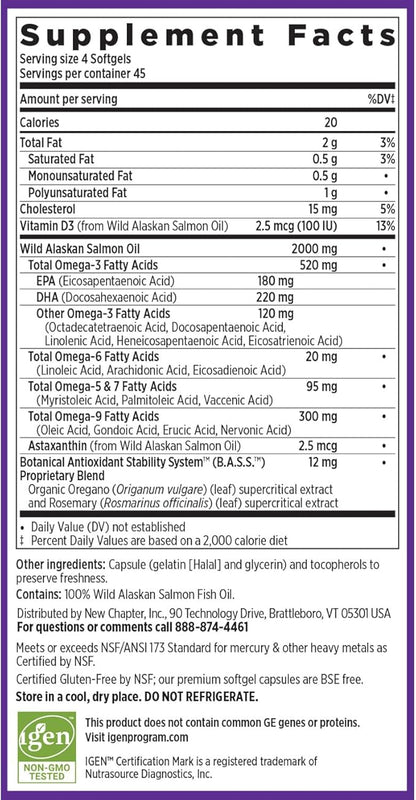 New Chapter Wholemega Fish Oil Supplement - Wild Alaskan Salmon Oil with Omega-3 + Vitamin D3 + Astaxanthin + Sustainably Caught - 180 ct Tiny Caps, 500mg Softgels