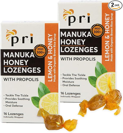 P.R.I Manuka Honey Lozenges with Propolis, Soothing Cough and Throat Drops, MGO 300+ Certified, (Lemon, 16 Count/2 Pack)