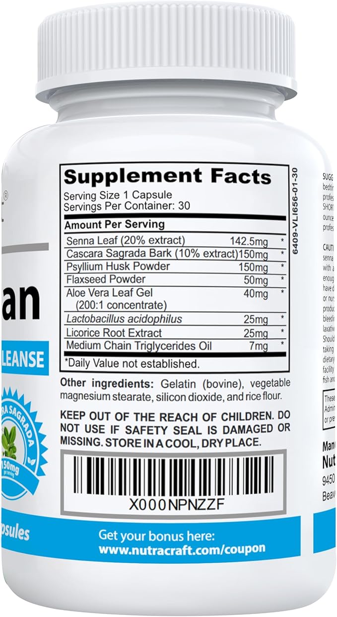 ColonClean #1 Colon Detox and Constipation Relief | Senna, Cascara Sagrada, Psyllium, MCT, Aloe and Probiotics | 30 Capsules