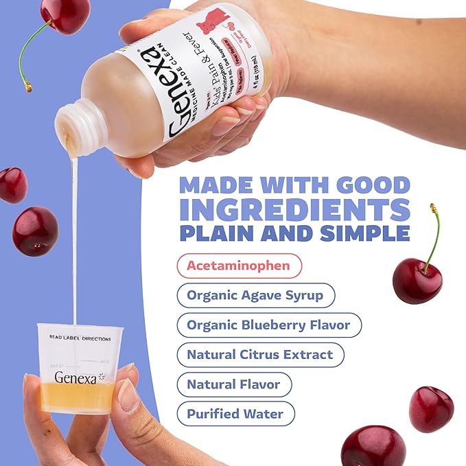 Genexa Kids’ Clean Pain & Fever Acetaminophen, Dye Free, 0% Artificial Additives, Delicious Organic Cherry Flavor, Liquid Oral Suspension Medicine for Children 2-11, 160 mg per 5mL, 4 fl oz